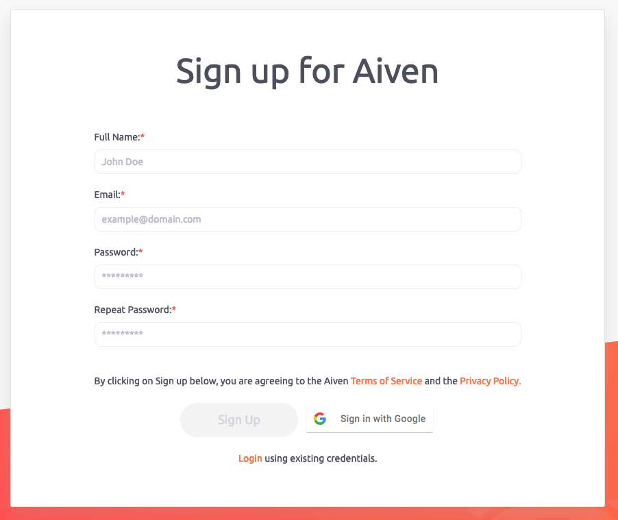 Signing up to Aiven with Google OAuth SSO