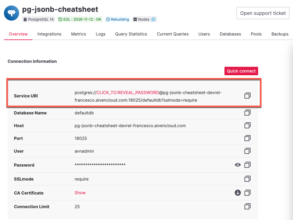 Service overview page with Service URI highlighted