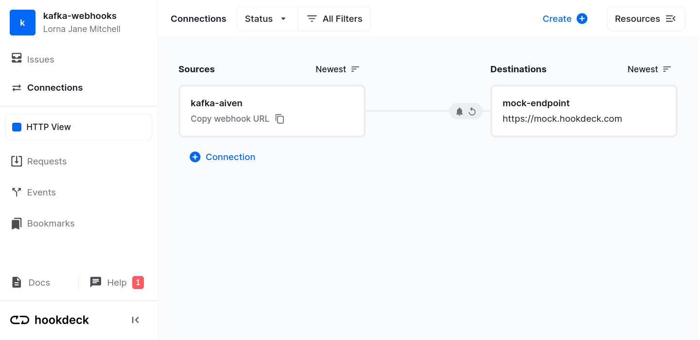 Hookdeck connections screen with a webhook URL linked to a mock API