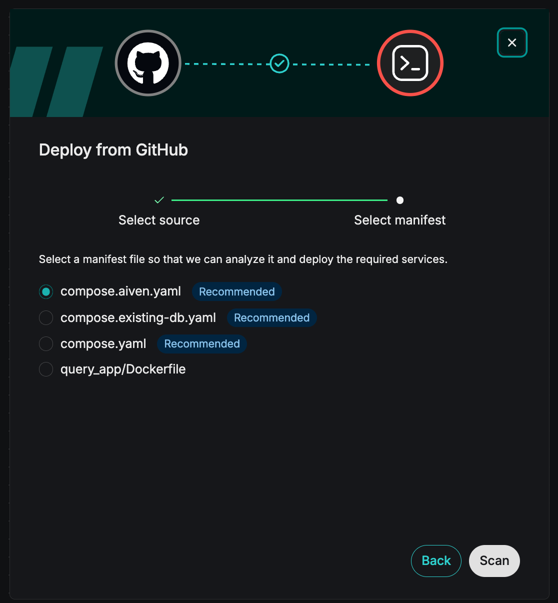 The Aiven Apps "Select a manifest file" dialog