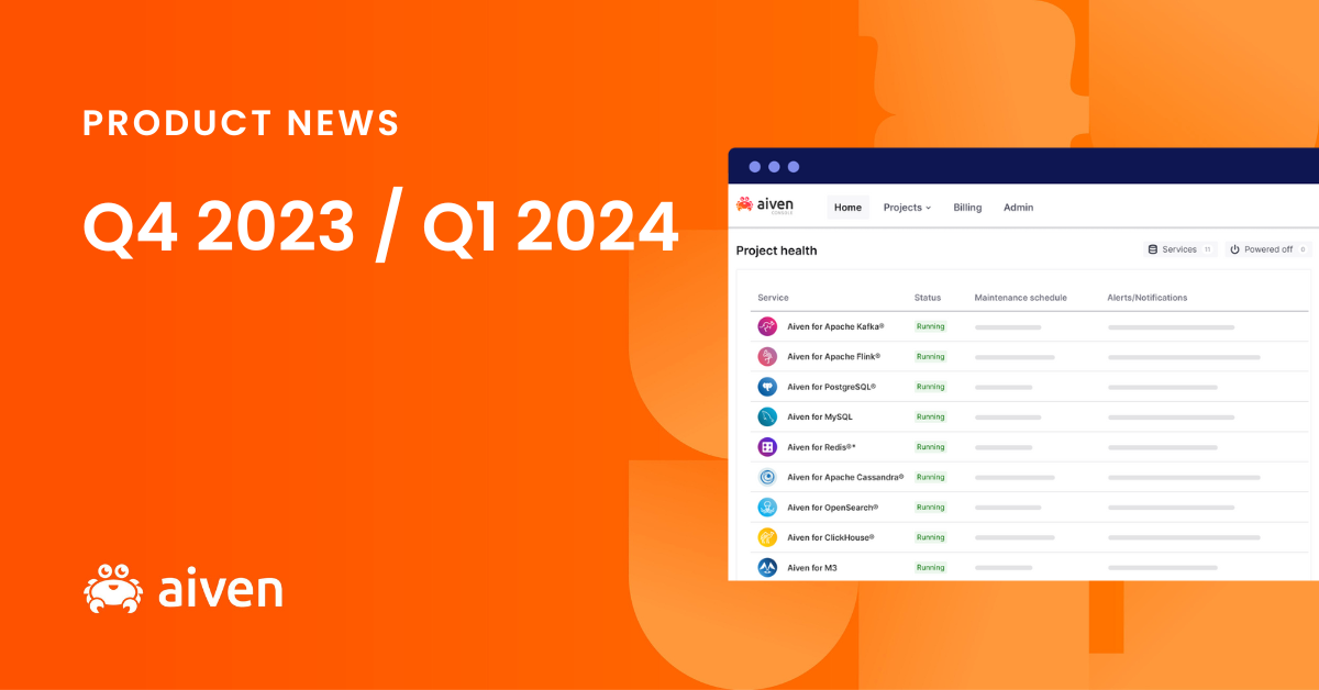Orange image with Aiven crab logo in bottom left. Title is product news for end of 2023 and early 2024. White, Aiven dashboard image to the right with lines of profiles on dashboard.