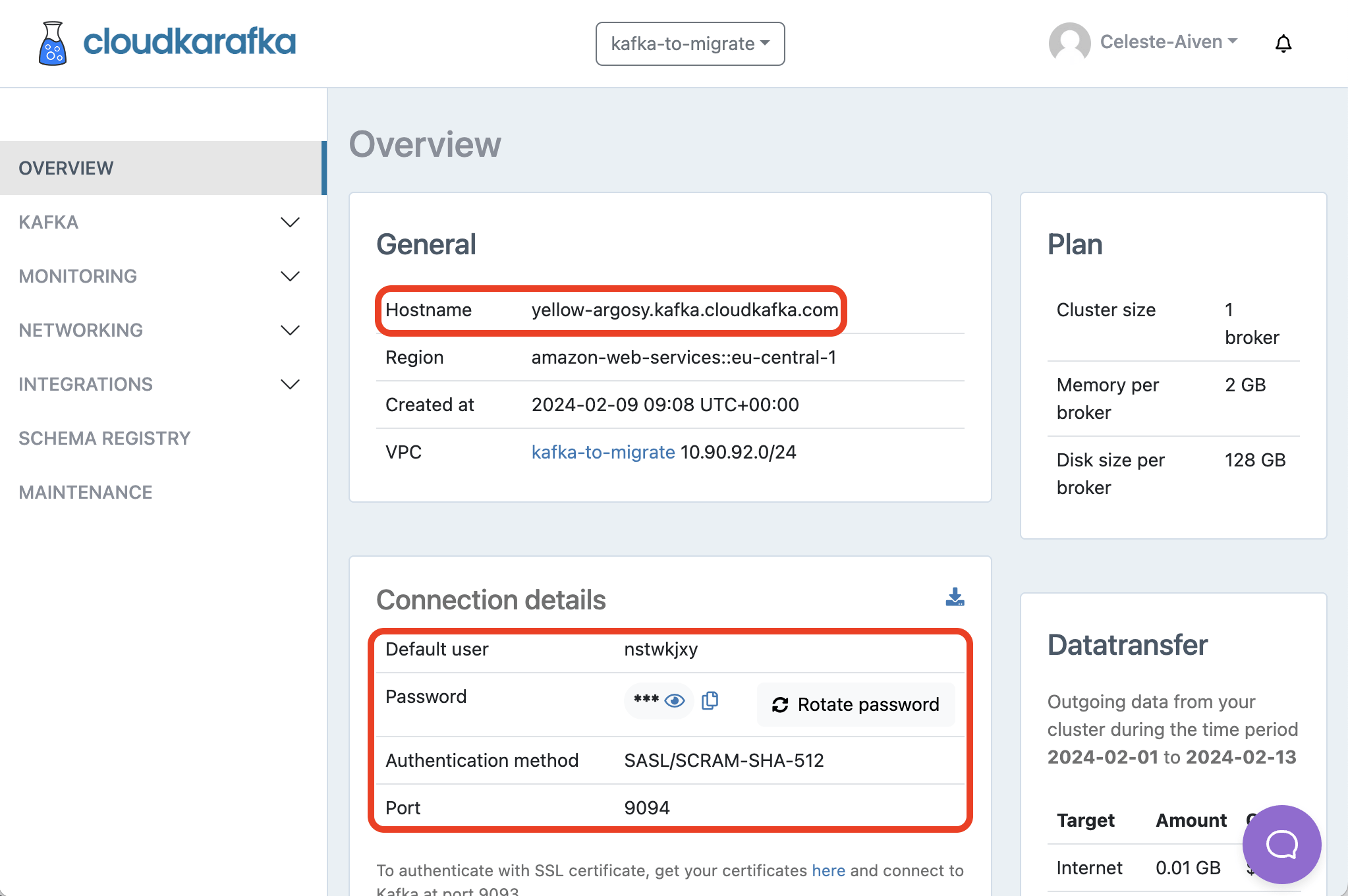 CloudKarafka service overview page with details highlighted.