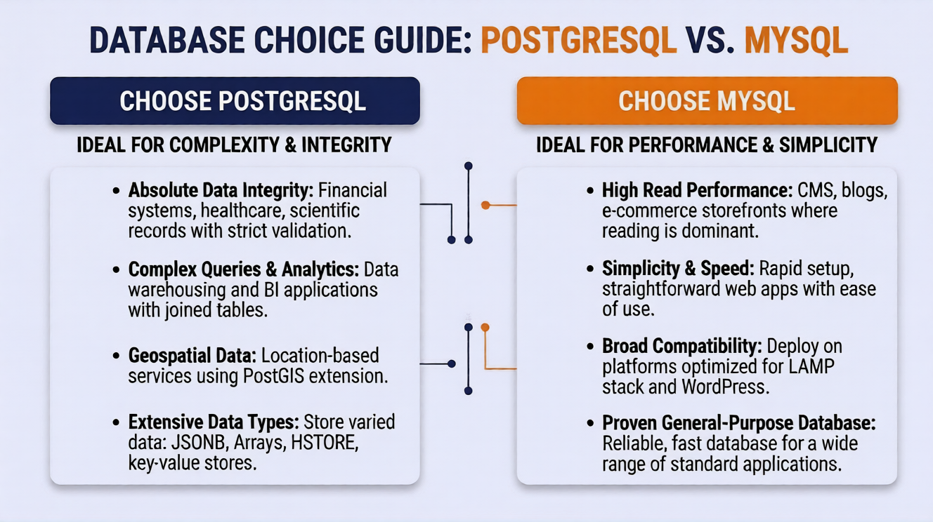 Infographic guide on when to choose PostgreSQL vs MySQL based on data complexity, integrity, and performance.