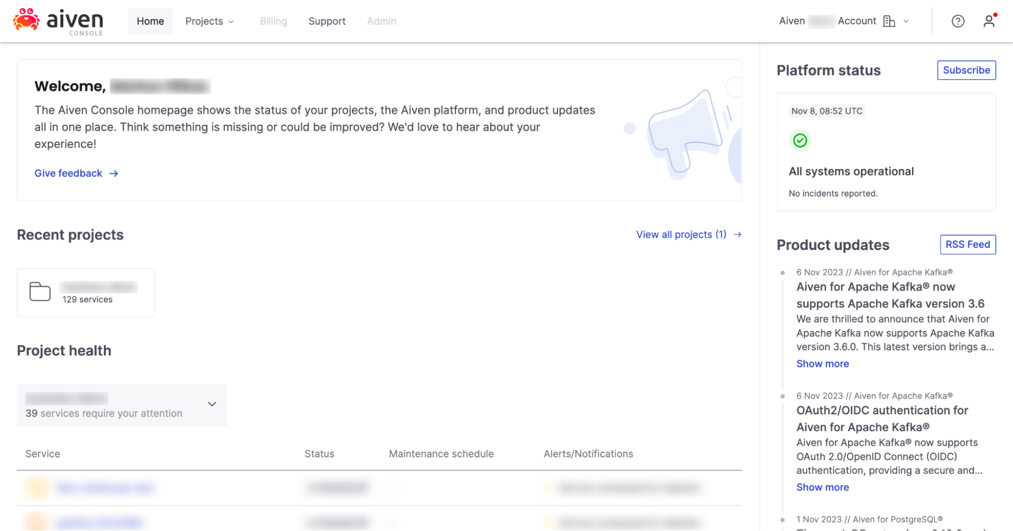 Navigate back to the Aiven Console Home