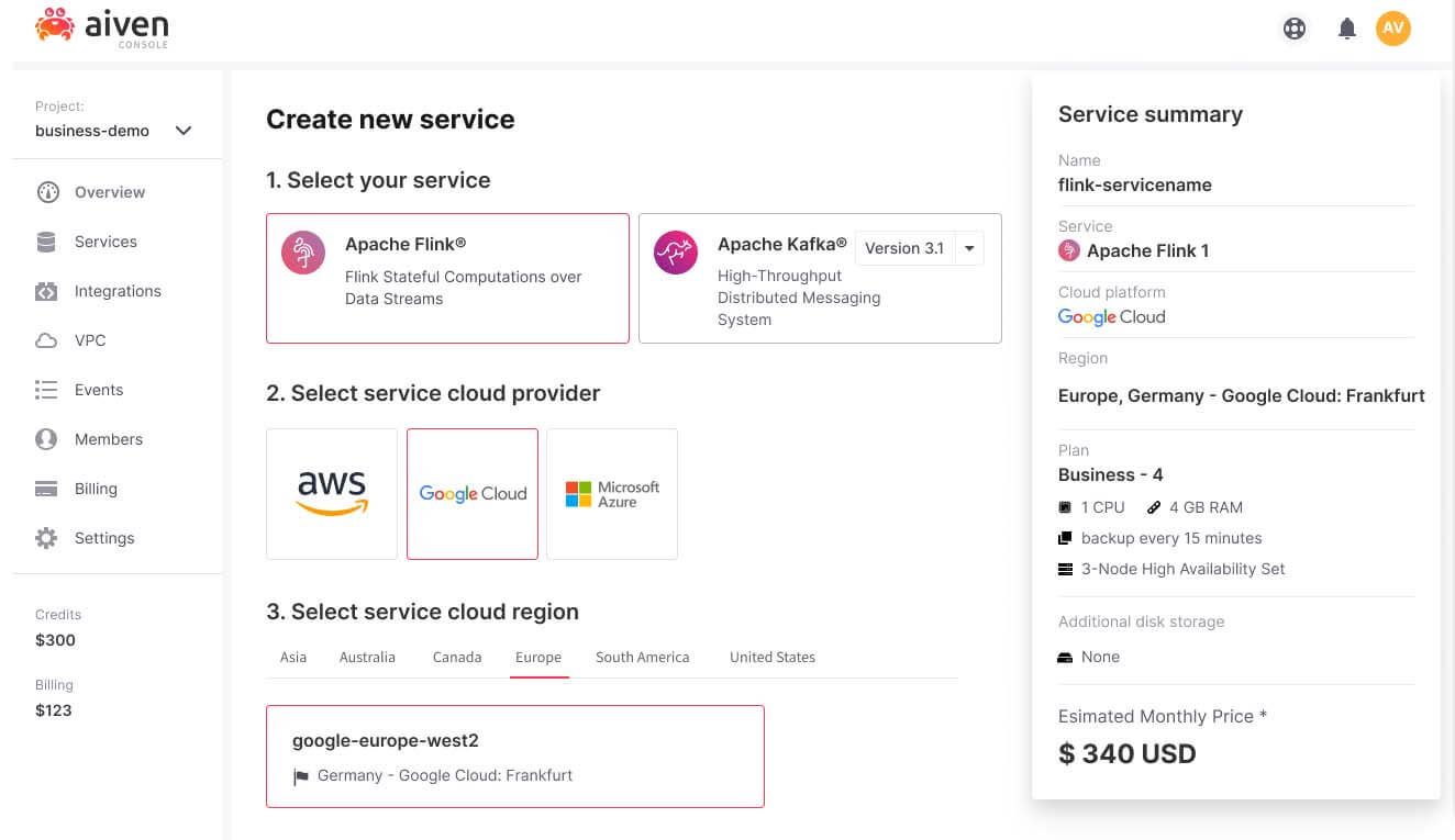 Create a new Flink service in Aiven console screenshot