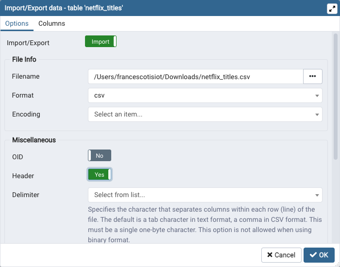 Data import options import options