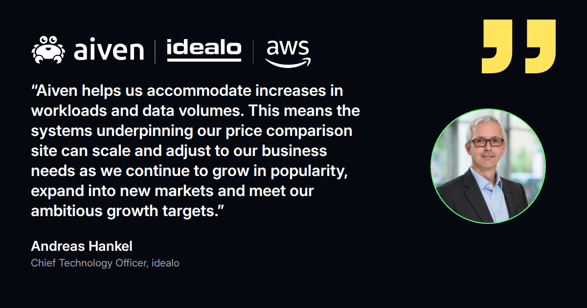 Quote from Andreas Hankel, Chief Technology Officer at idealo: Aiven helps the price comparison site scale with its growth