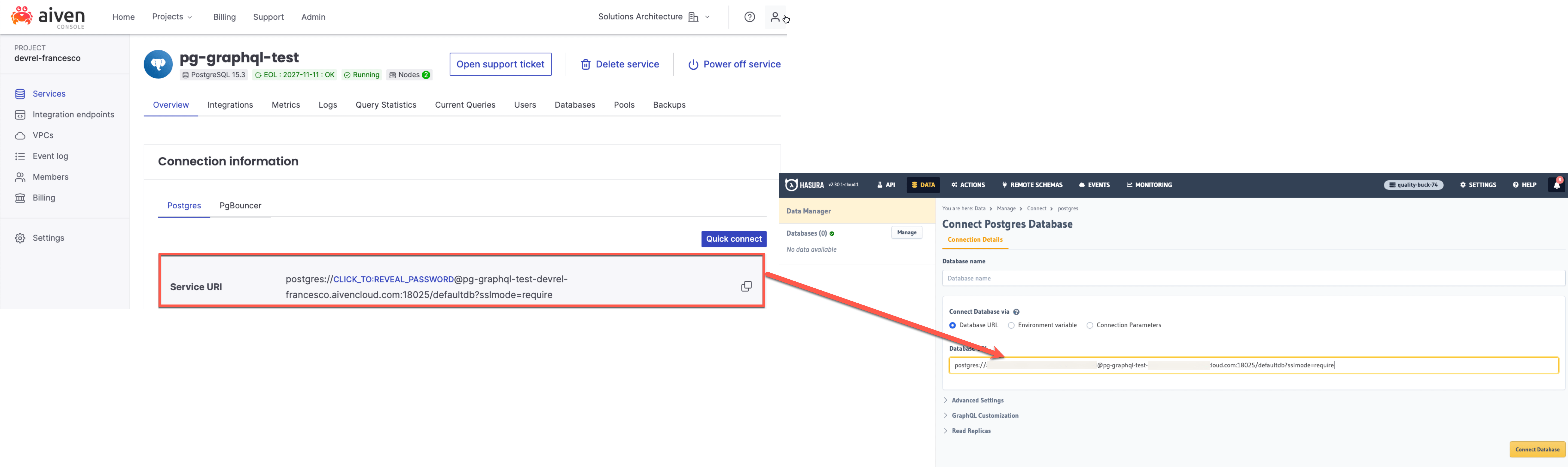 Aiven for PostgreSQL service URI into the Database URL parameter