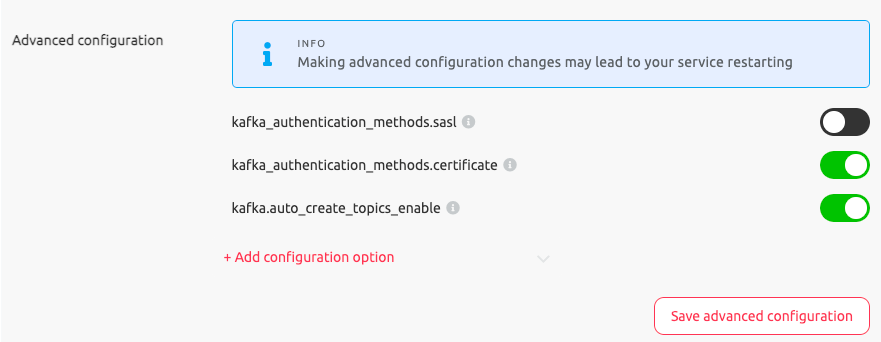 Add configuration option in the Advanced configuration section in the Aiven Console advanced configurations