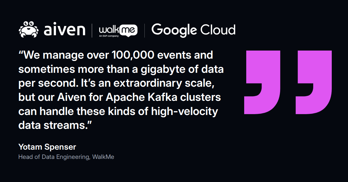 Quote from Yotam Spenser, Head of Data Engineering at WalkMe: Aiven for Apache Kafka clusters handle high-velocity data streams