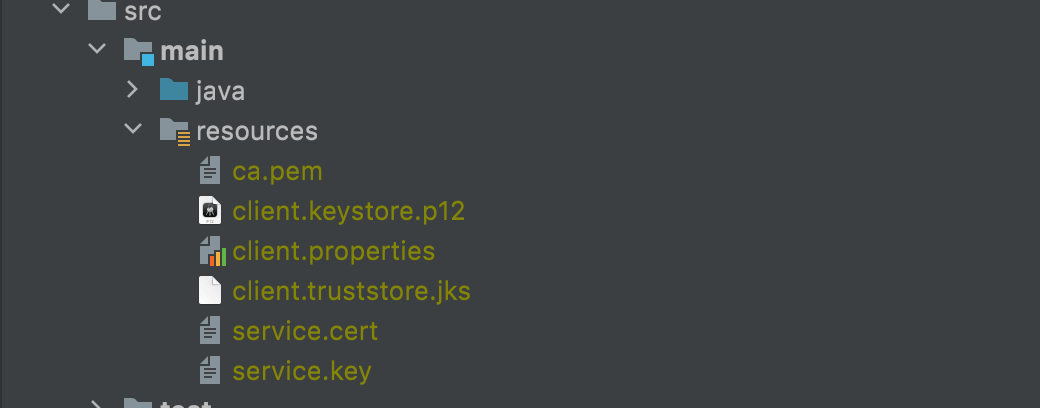Screenshot of 6 new credential files created after running the command  "avn service user-kafka-java-creds." These files are in the "src/main/resources"The files are titled ca.pem, client.keystore.12, client.properties, client.truststore.jks, service.cert, and service.key.