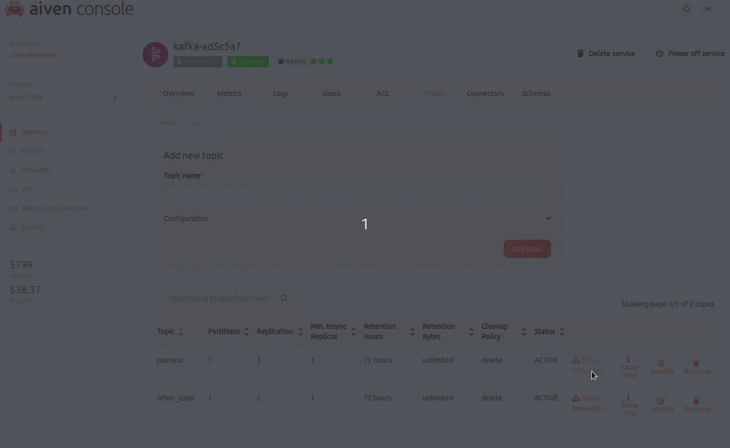 Viewing Apache Kafka messages in the Aiven Console, step 3