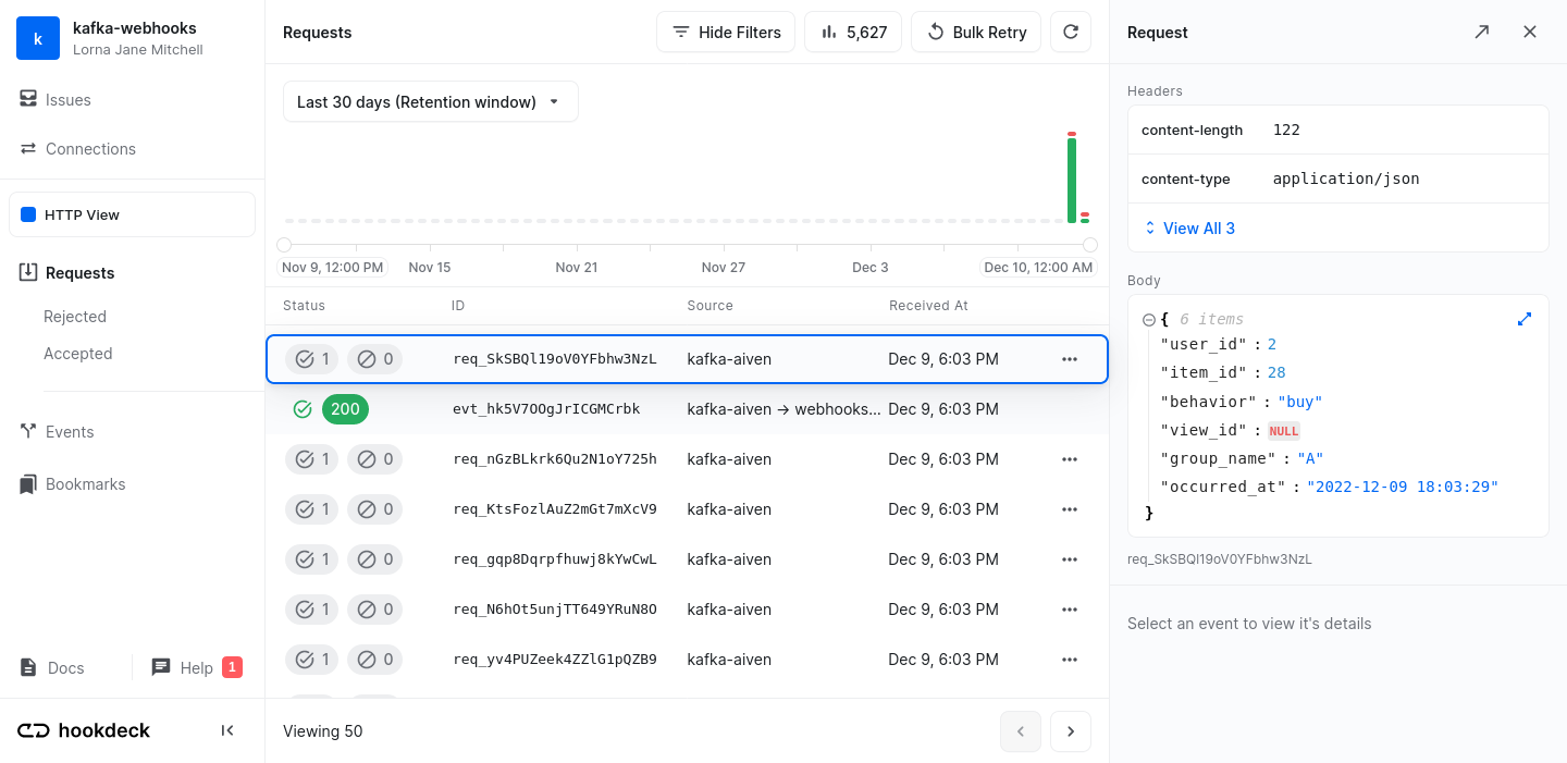 Sample data requests in the Hookdeck dashboard