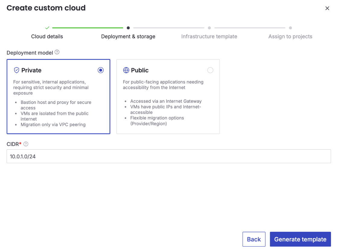 Aiven console screenshot showing the CIDR range input field for the custom cloud network