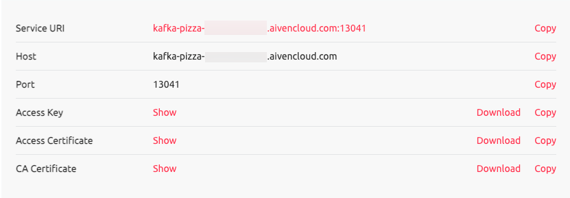 Finding the service credentials in the Aiven Console credentials