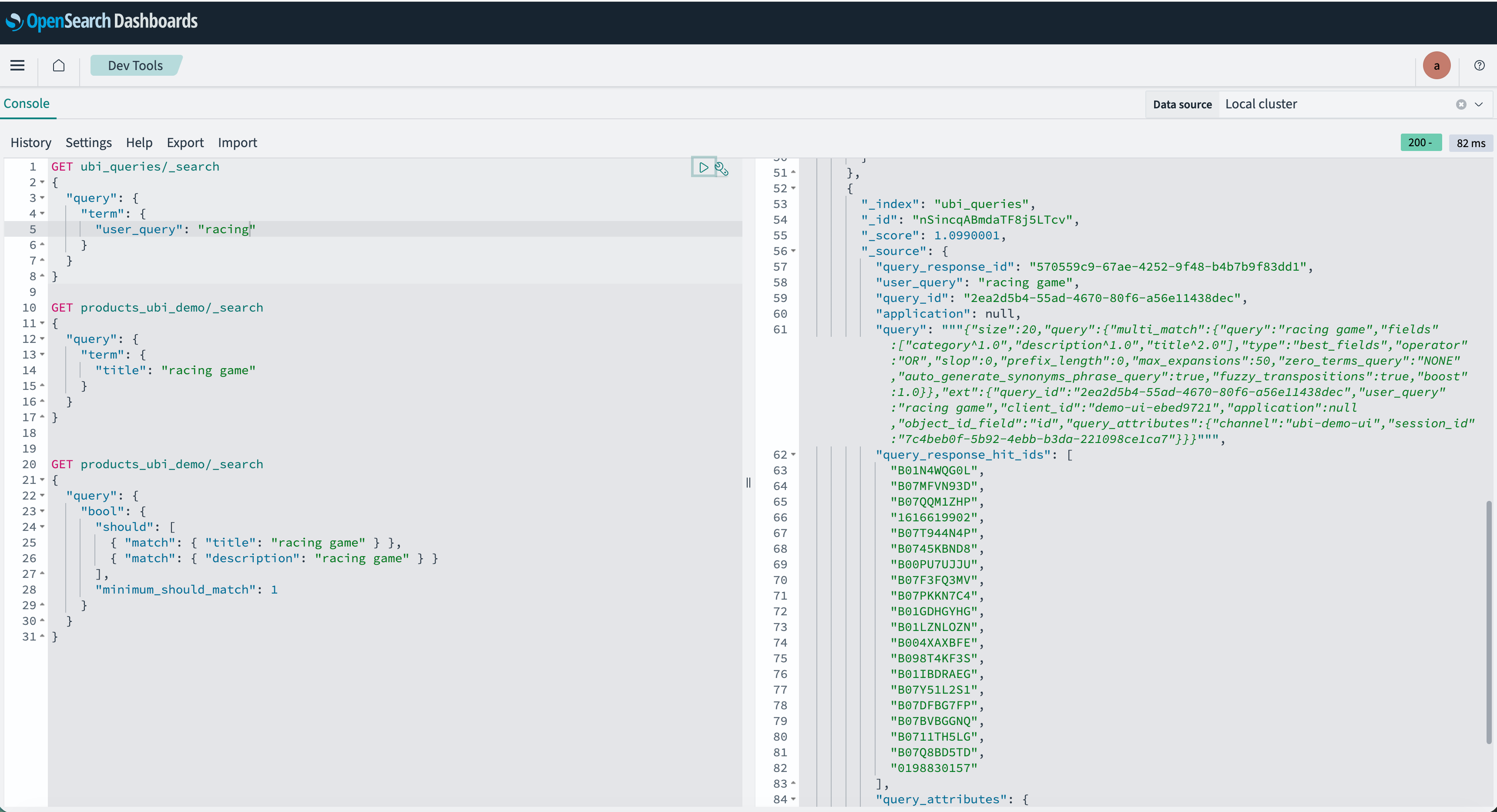 OpenSearch Dashboards — ubi_queries