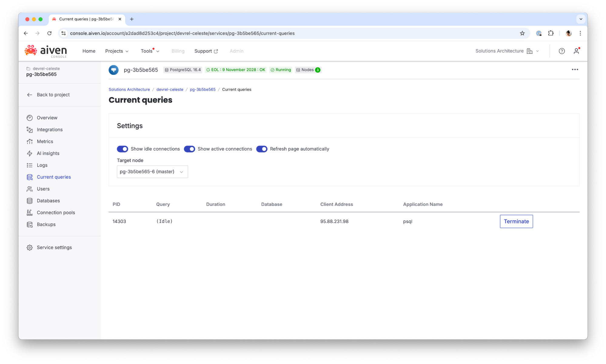 Screenshot of the current queries tab in the Aiven Console, showing a running query