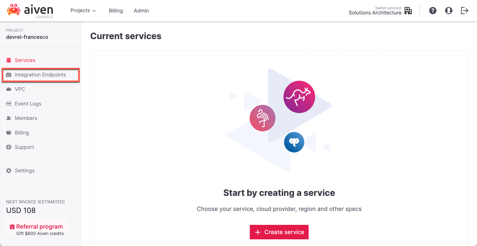 The Aiven Console with the integration endpoints option highlighted
