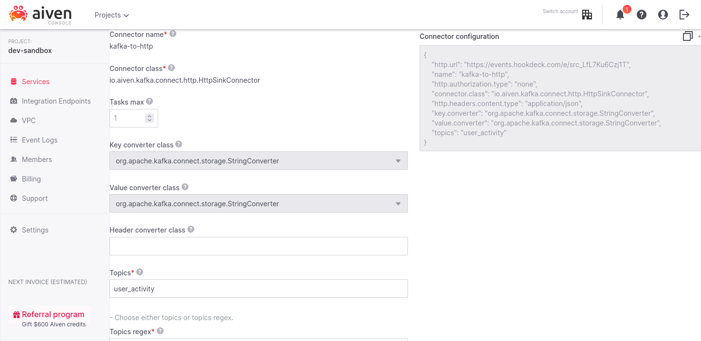 HTTP Sink connector configuration, with the fields filled in and visible