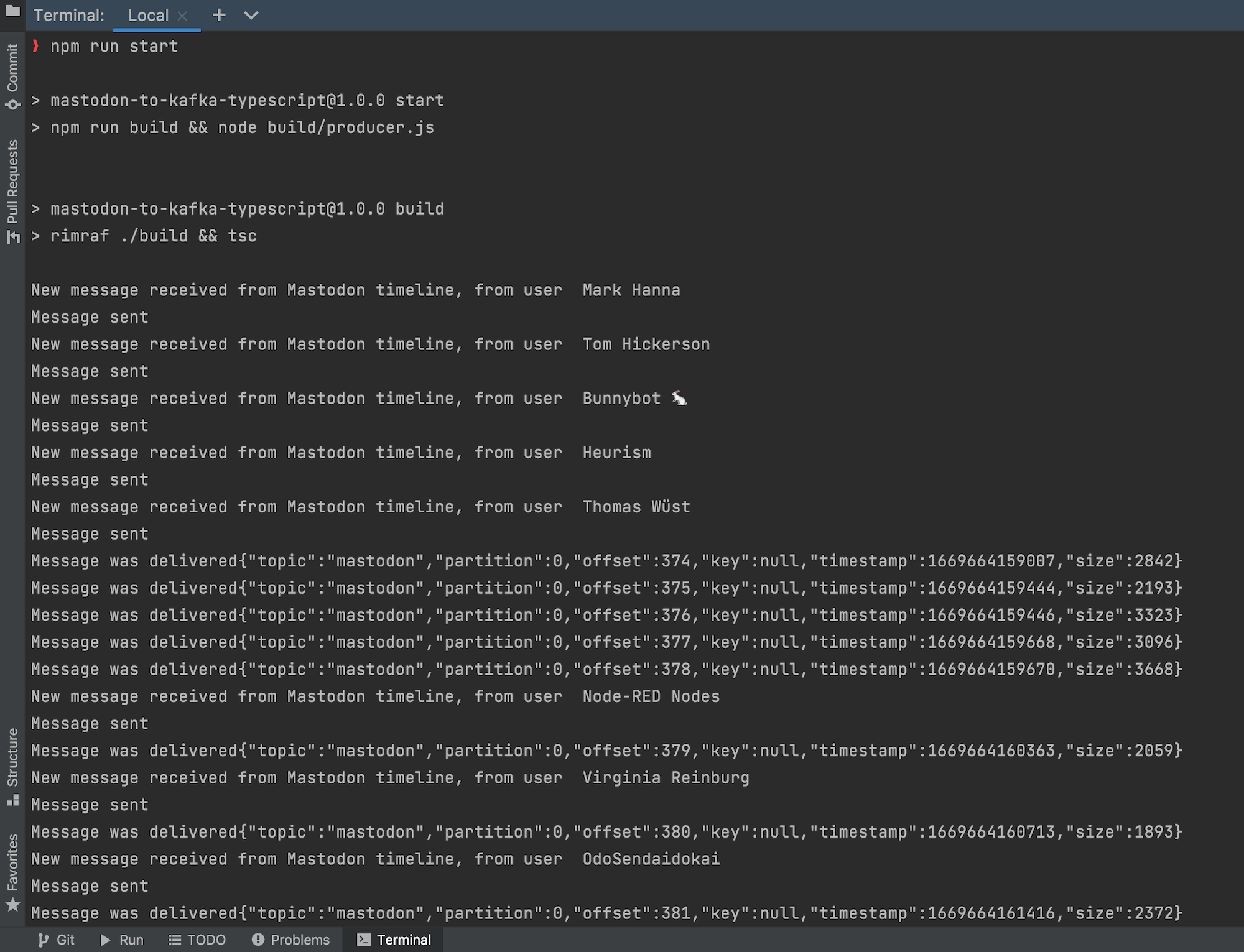 Screenshot showing running code to send data to the Kafka topic