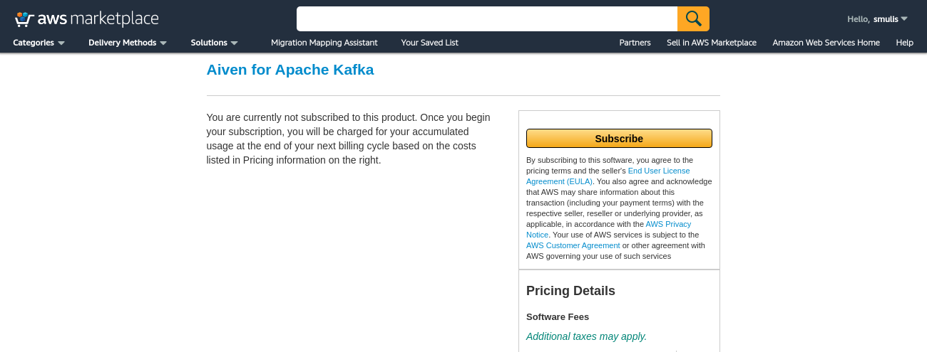 step 2 of subscribing for aiven for apache kafka on aws marketplace