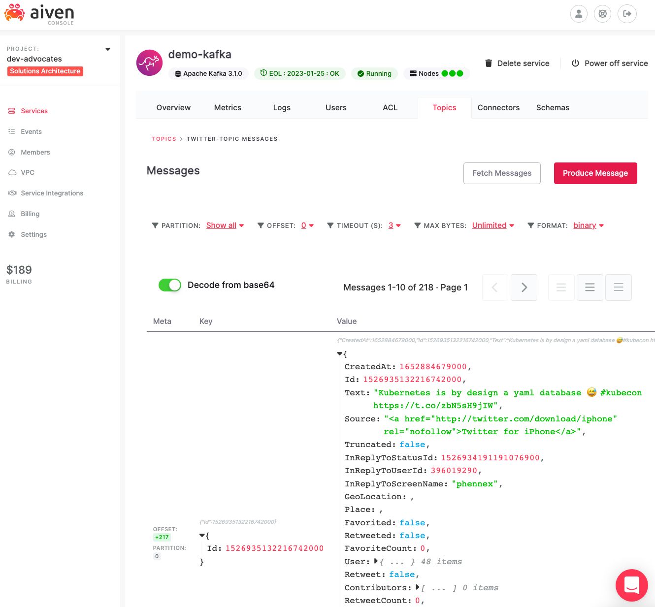 Tweets about databases as shown in the Aiven console