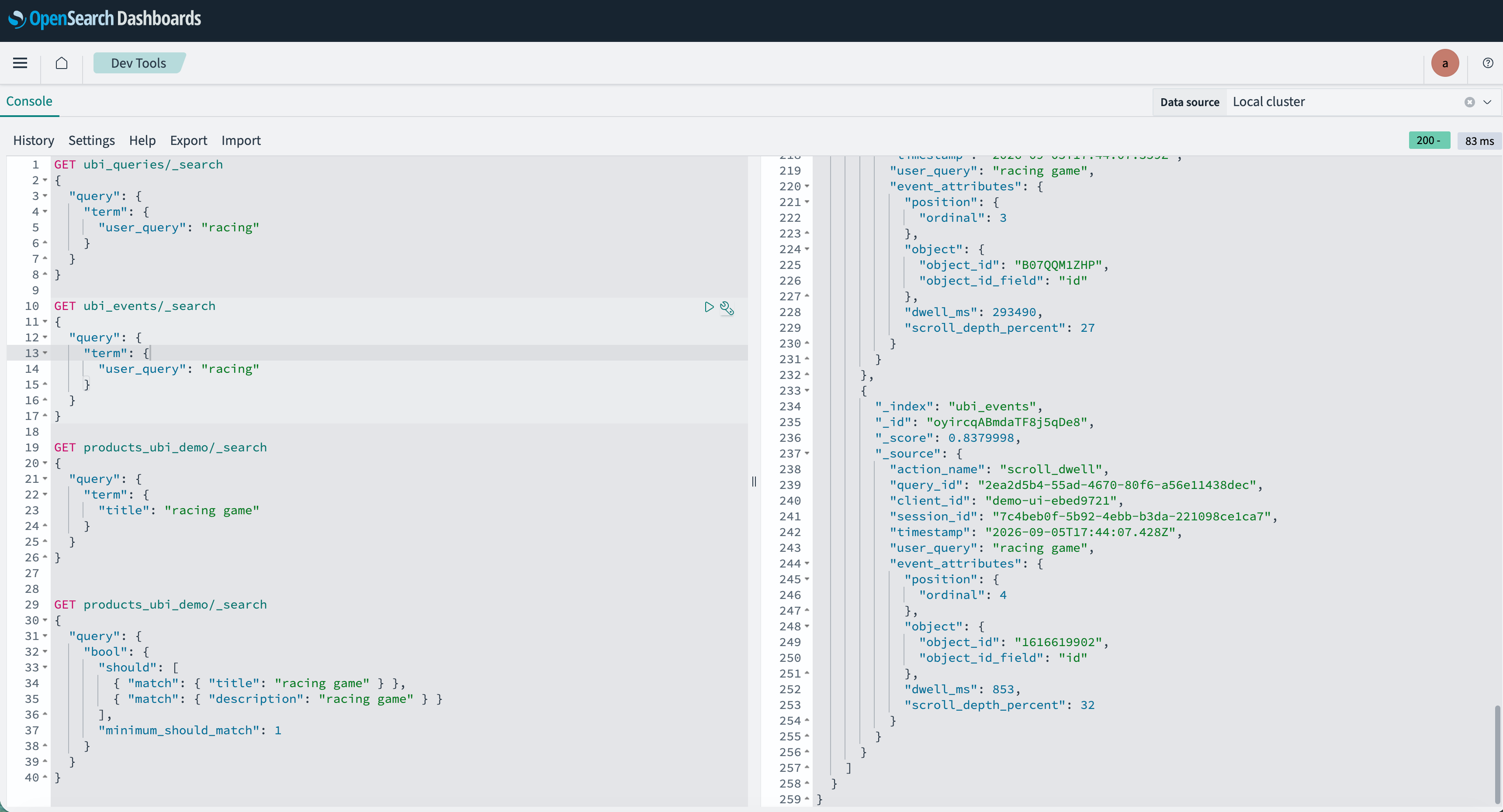 OpenSearch Dashboards — ubi_events