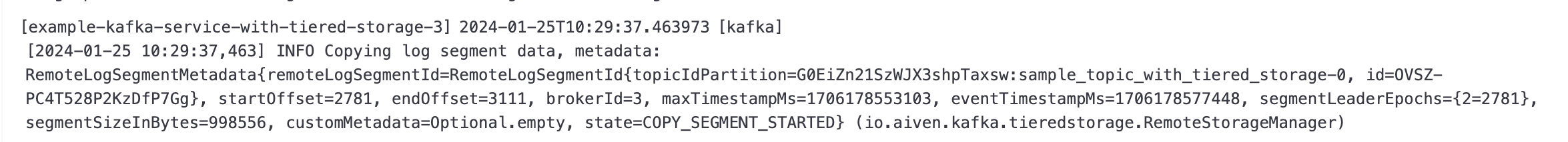 Logs showing that INFO Copying log segment data with metadata