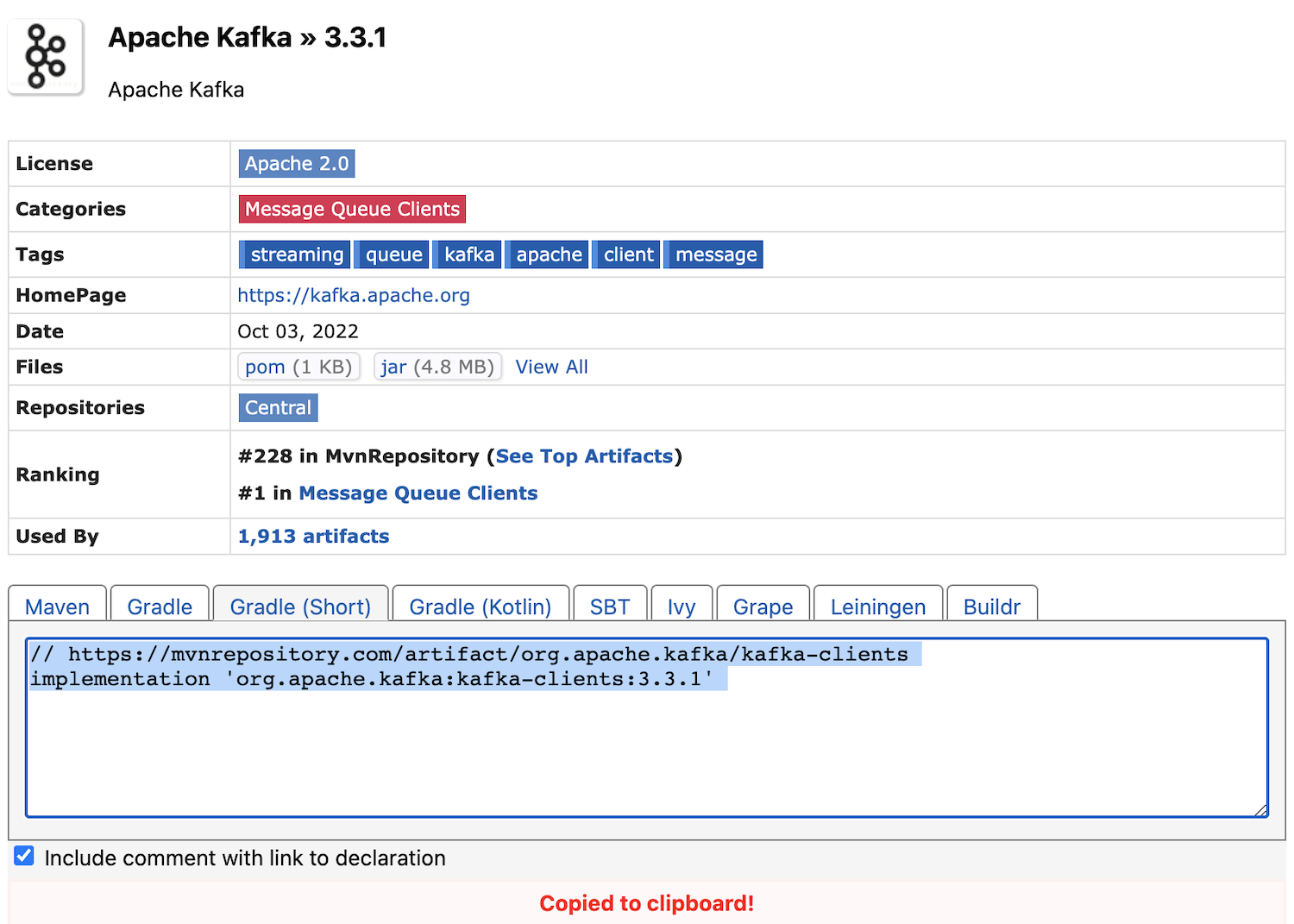 Screenshot of selecting the Gradle dependency information from the Maven Repository site