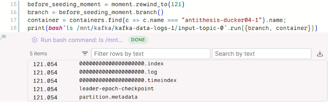 Antithesis multiverse debugging in action: listing files on disk at a particular moment in time.