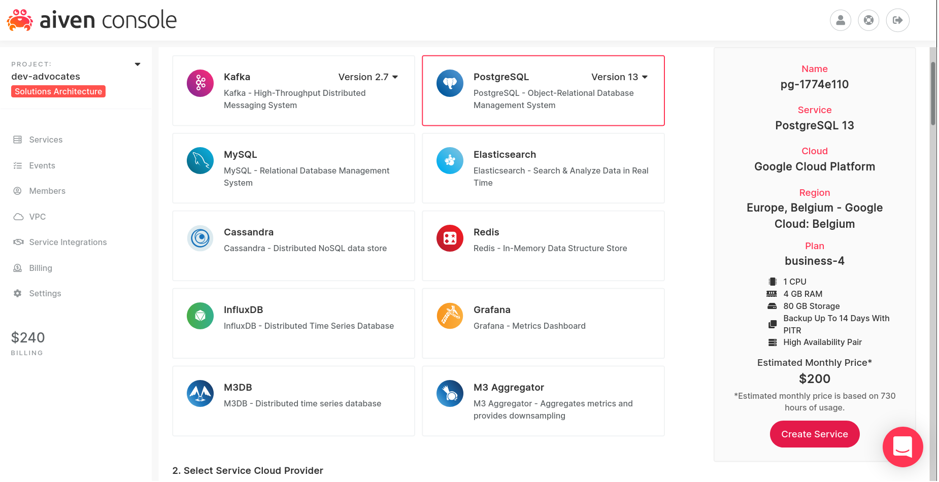 Create a PostgreSQL service create-pg