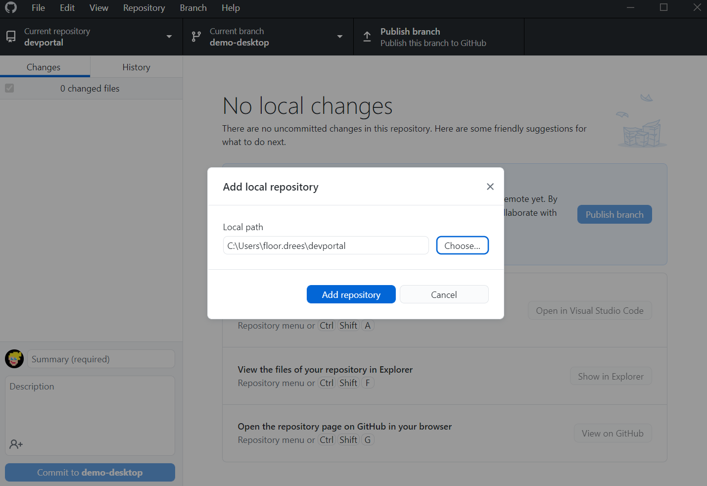 docs-as-code add local repository using github desktop