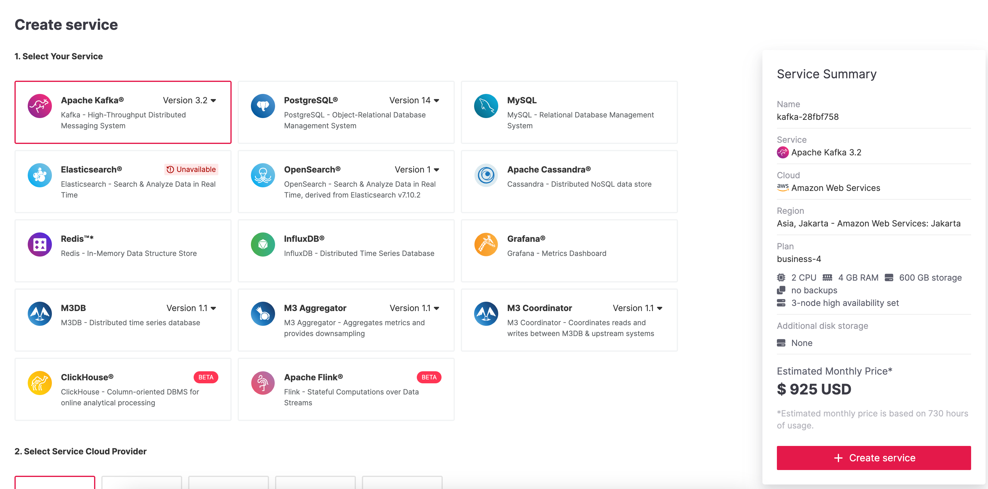 Aiven Console view for creating a new service