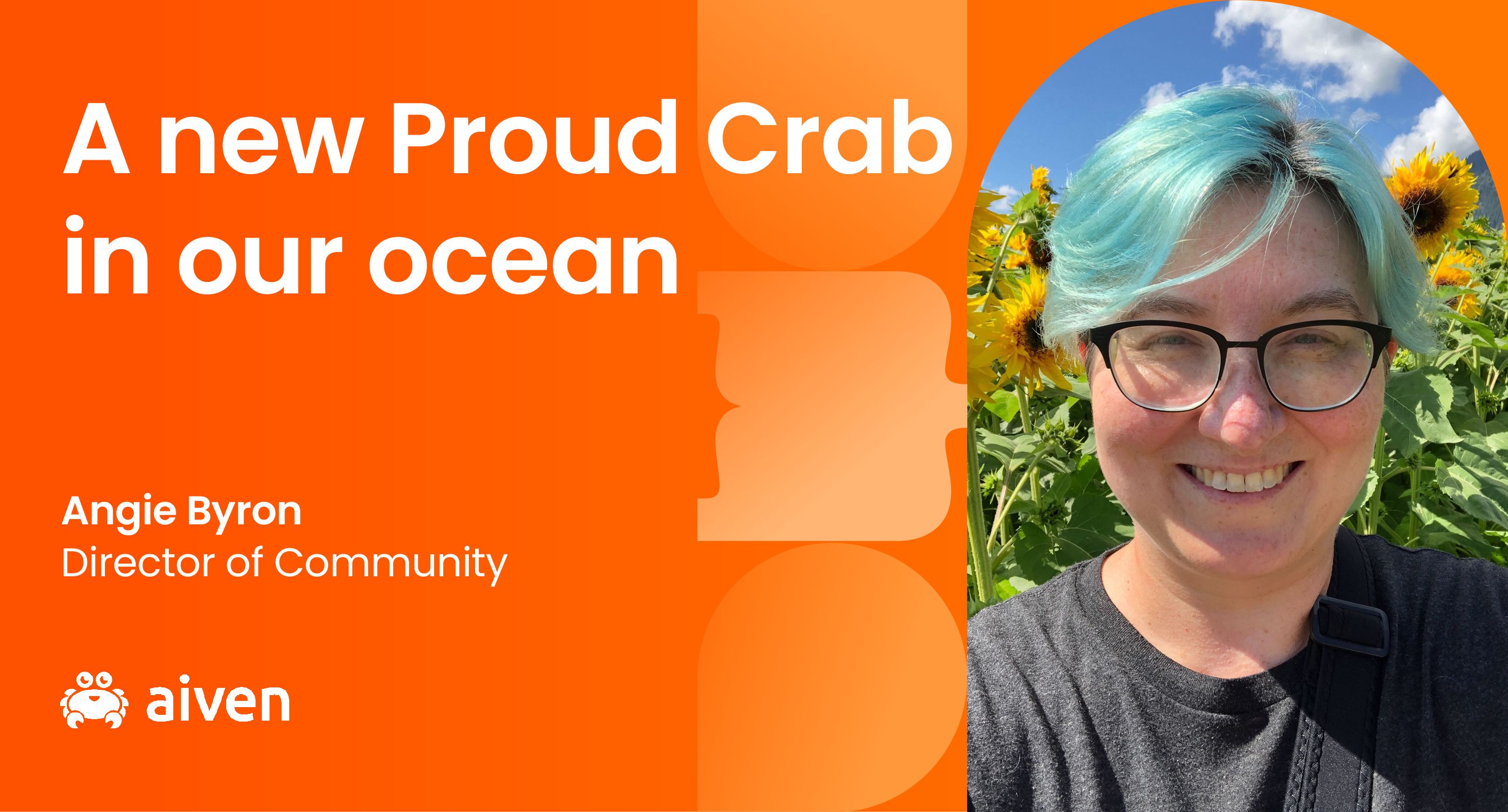 Angie Byron, Director of Community, Proud Crabs, Aiven, Aiven logo, Aiven LGBTQ+, DEI, Diversity Equity, Inclusion