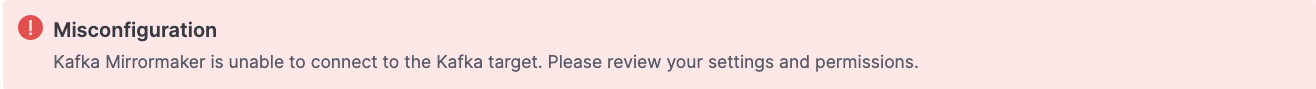 Aiven Console, MirrorMaker 2 service overview, error message stating that the connection to a target Kafka service is not working