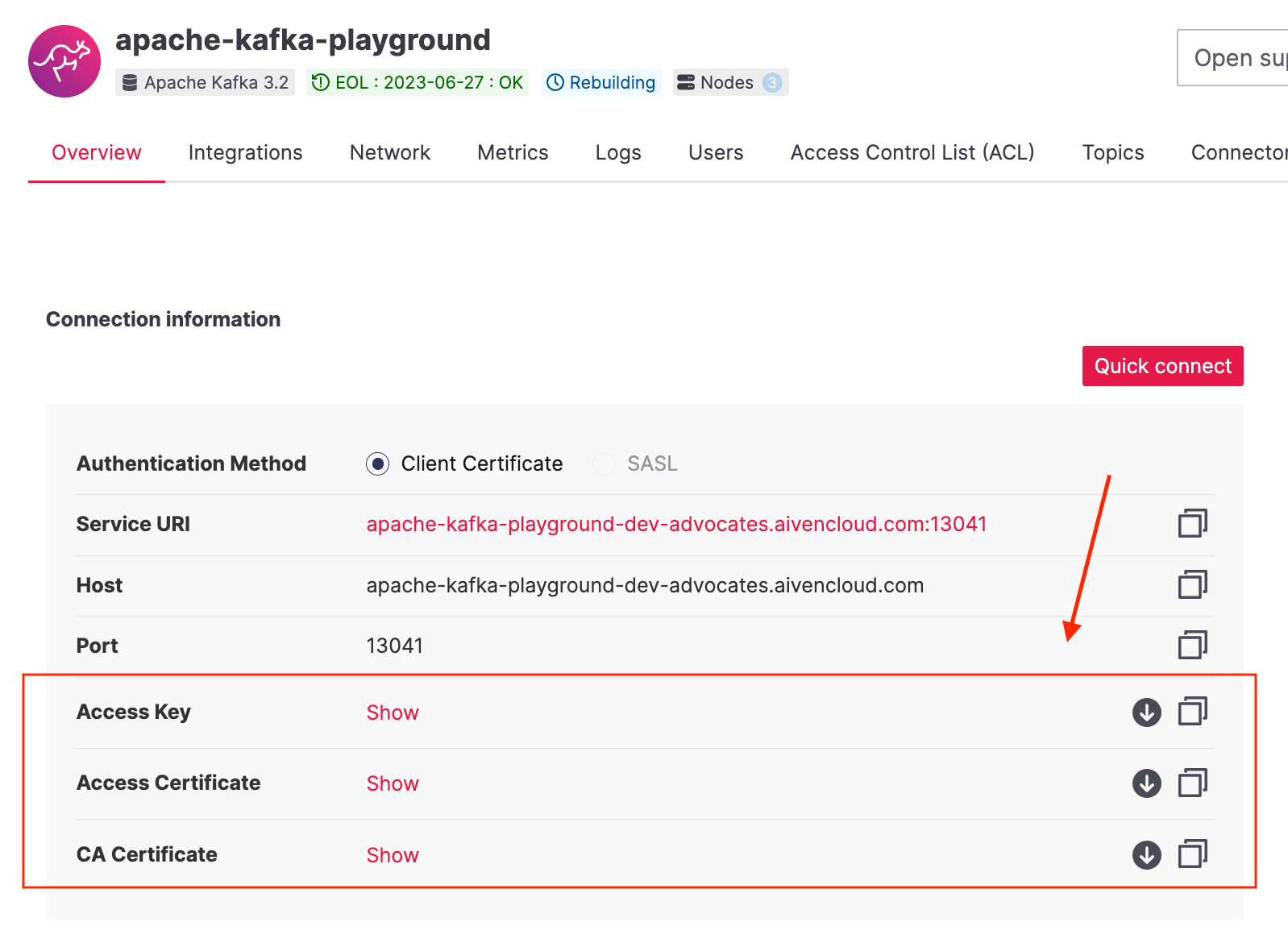Screenshot of the Aiven for Apache Kafka page in Aiven's console showing where to take certificates and keys
