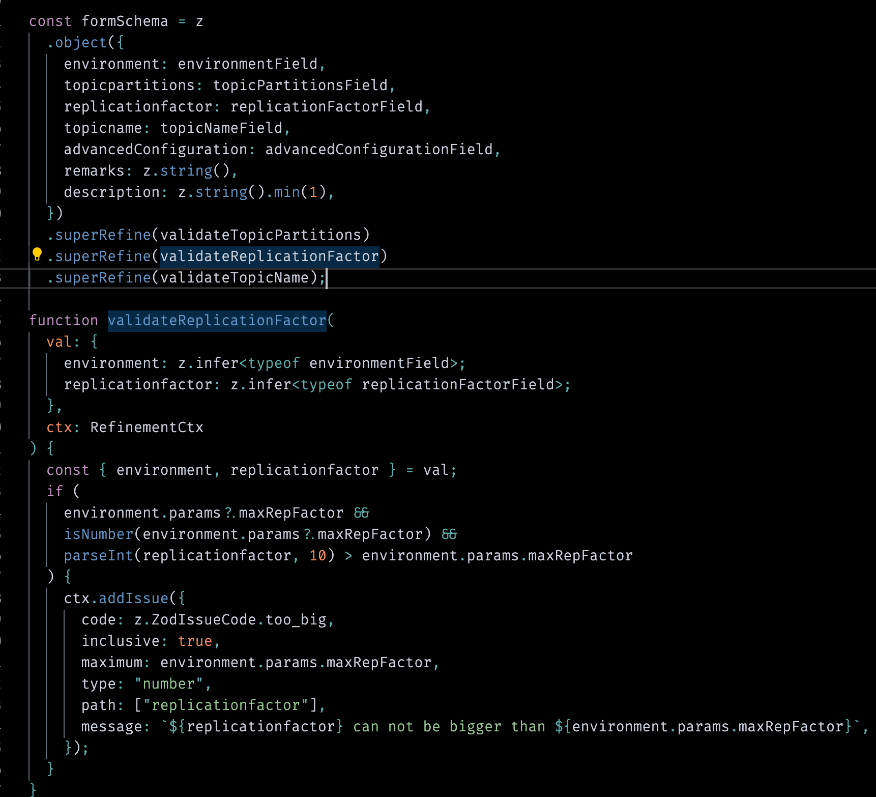 an image of a code environment showing a more complex validation case with zod's refine and superRefine methods. Calling superRefine requires that you define the refinement itself in another method, as described above.