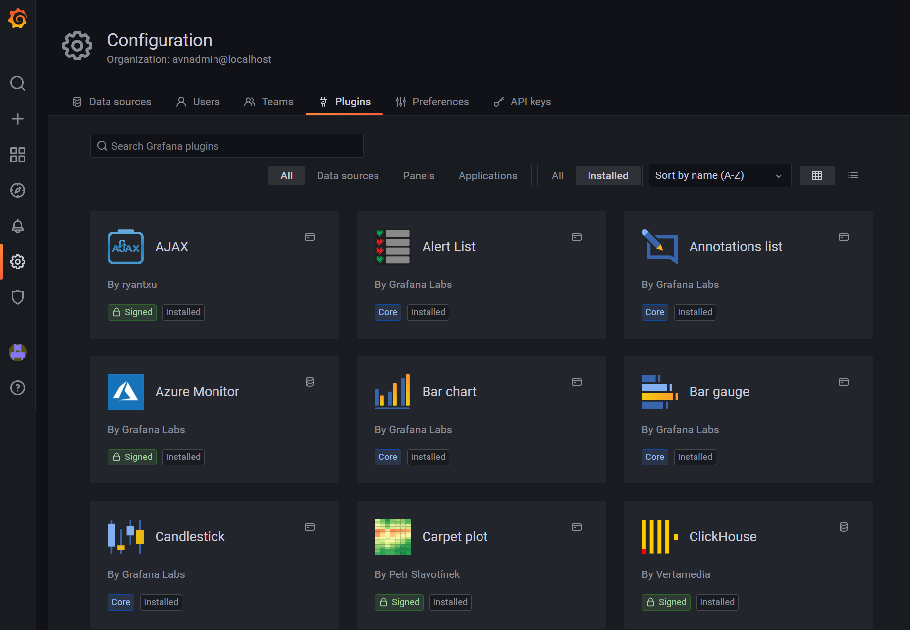 Plugins overview screen