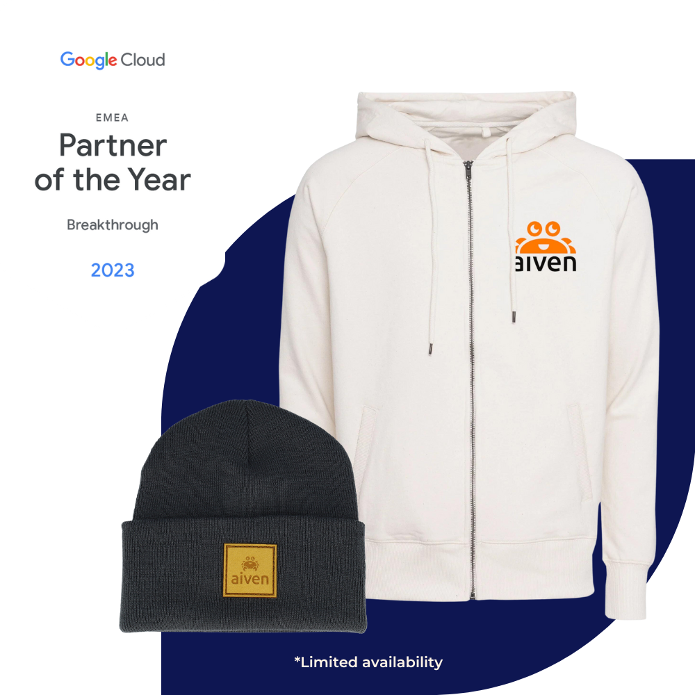 Aiven hoodie and beanie with GCP partner of the year badge