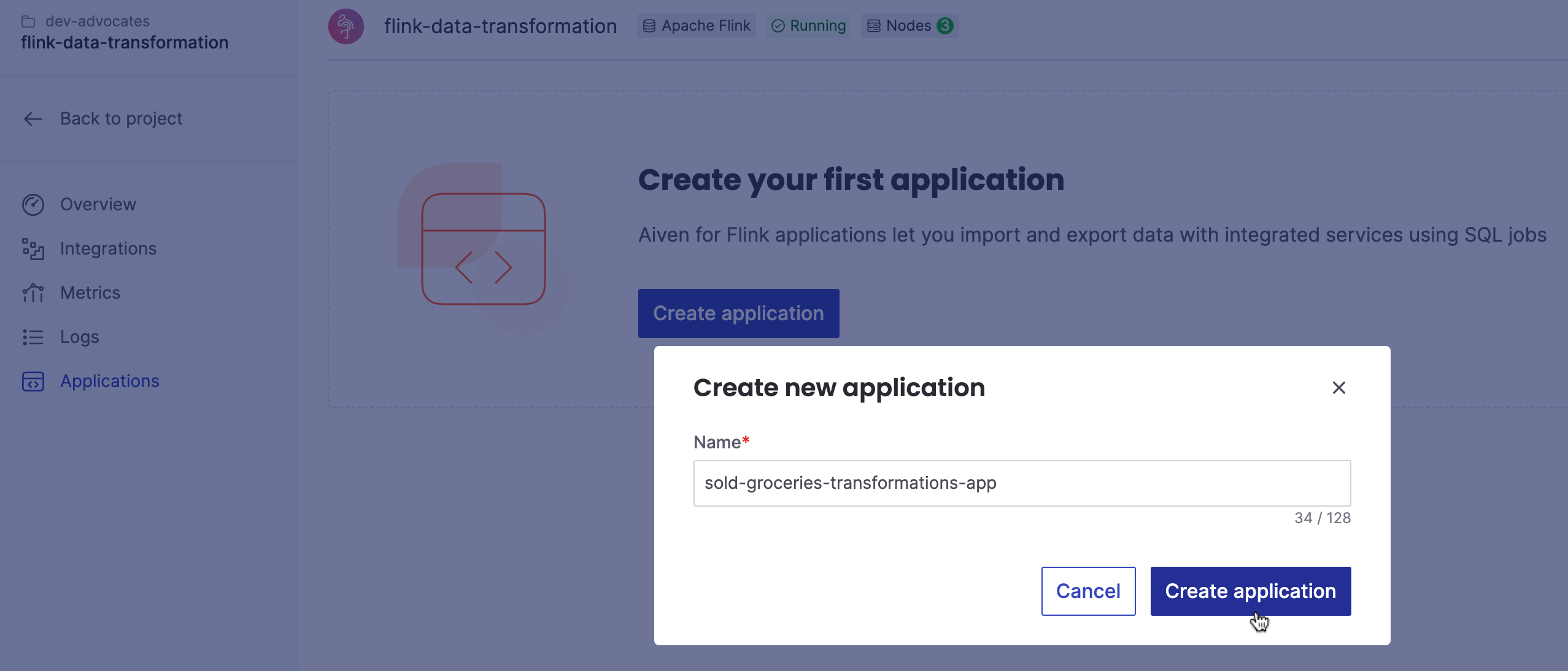 Create a new application with Aiven for Apache Flink