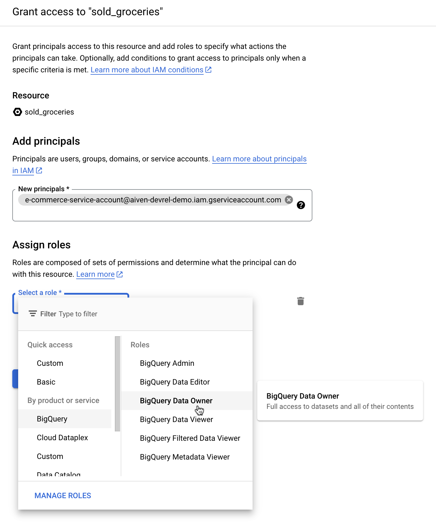 Granting access to sold_groceries by adding the new serice account as principal, and selecting BigQuery Data Owner as role