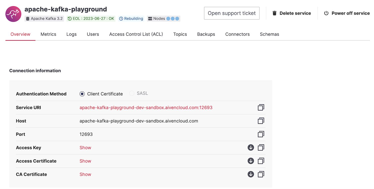 Screenshot of an Apache Kafka service's overview in the Aiven Console. The service is still building.