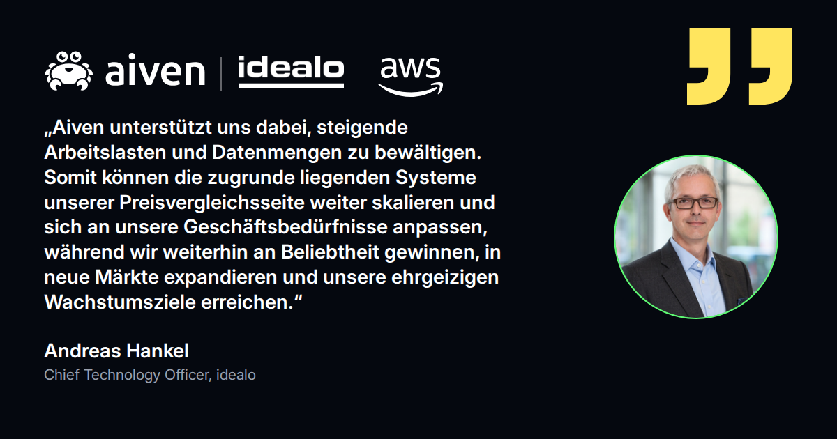 Zitat von Andreas Hankel, Chief Technology Officer bei idealo: Aiven hilft der Preisvergleichsseite, mit dem Wachstum zu skalieren