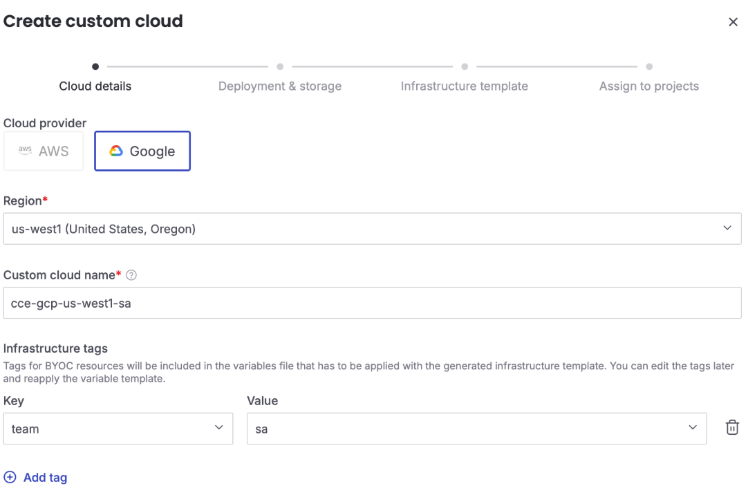 Aiven console screenshot showing cloud provider, region, and custom cloud name selection fields