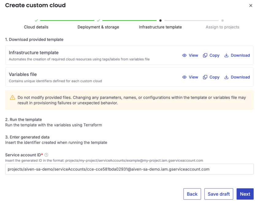 Aiven console screenshot showing the Terraform template download step and Service Account ID input field