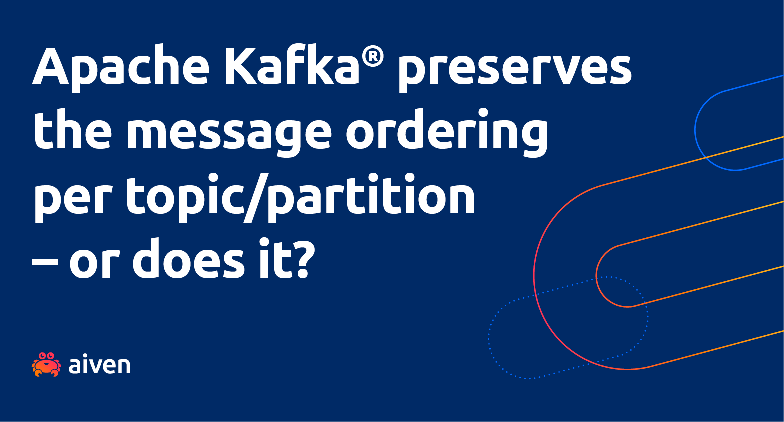 The words "Apache Kafka® preserves the message ordering per topic/partition - or does it?" against a blue background with the Aiven cuddly crab logo in the corner