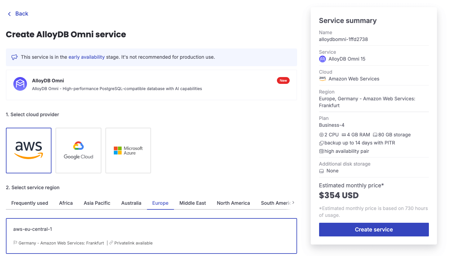 Create an Aiven for AlloyDB Omni service in the Aiven Console