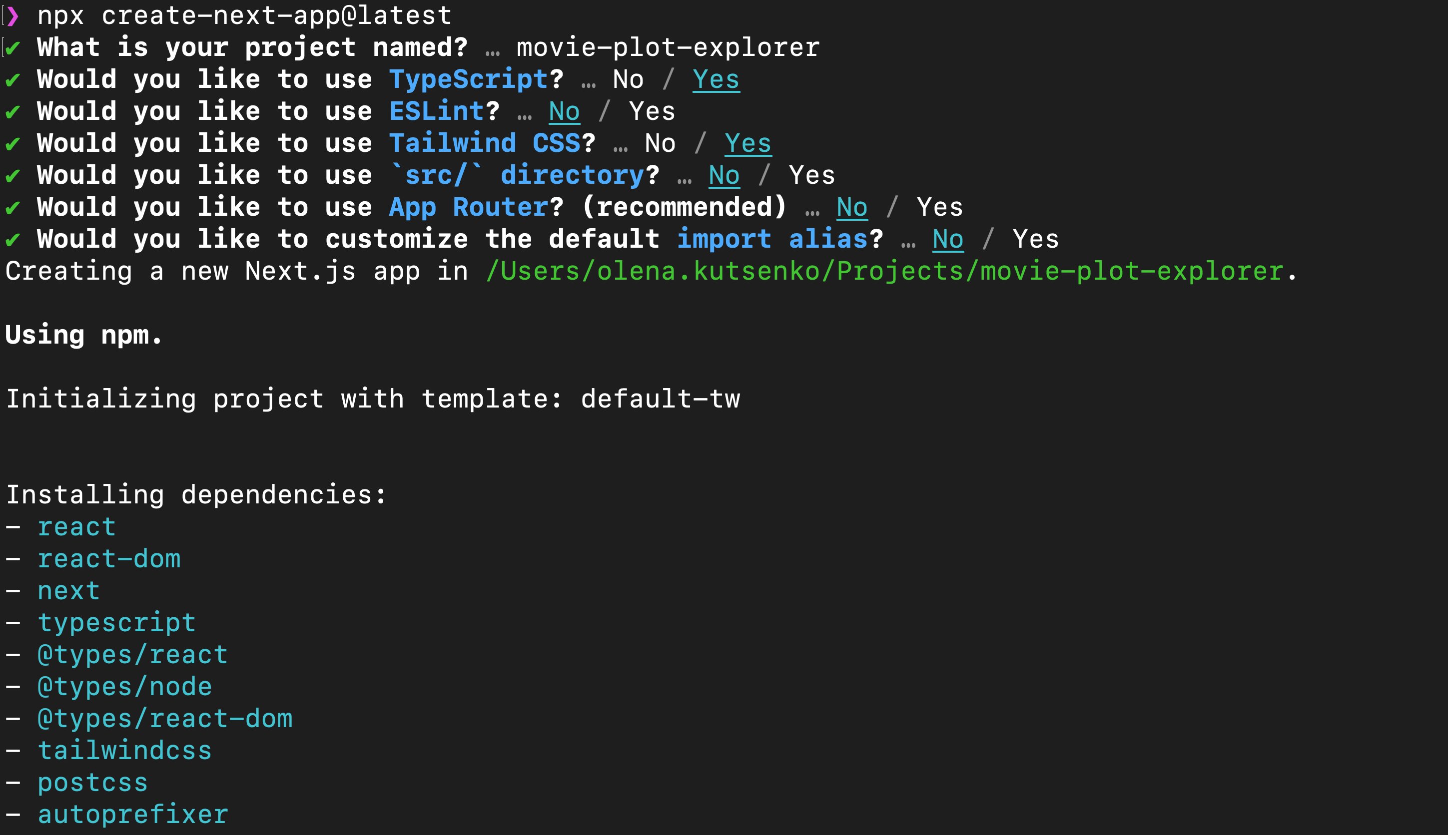 Screenshot with the settings when creating a new Next.Js app