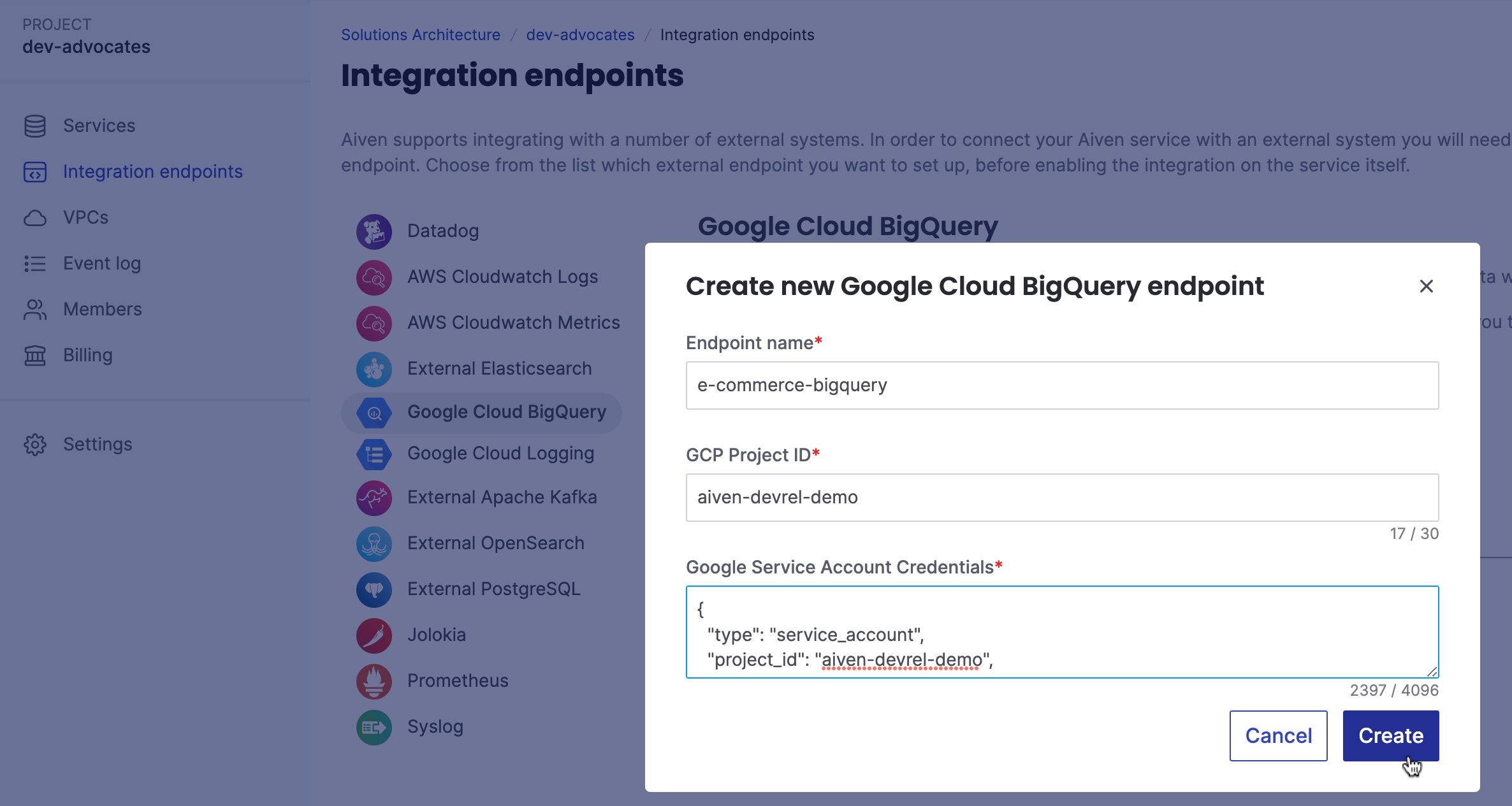 Creating a new Google Cloud BigQuery endpoint