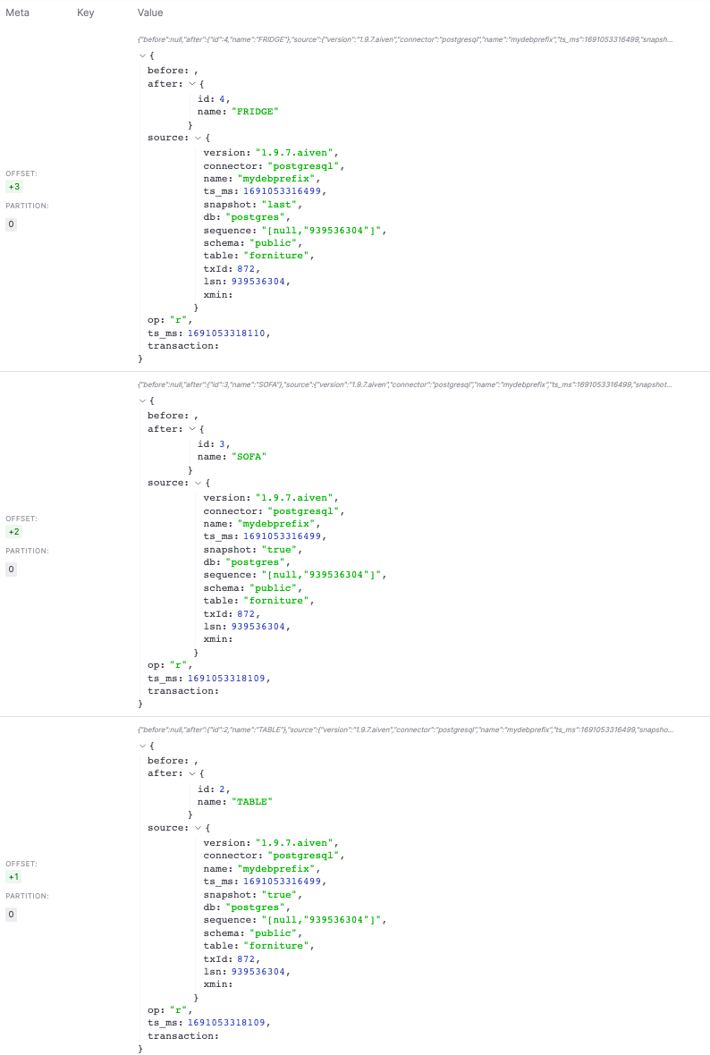 The last three changes being visualized in Aiven for Apache Kafka topic